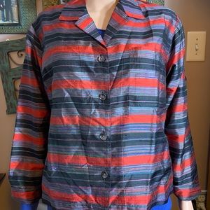 Chico’s SZ 1 raw 100% Silk jacket blk/red stripes